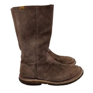 Camper Brown Suede Mid Calf Boots Pink Leather Lining Side Zip Women's 8 EU 38